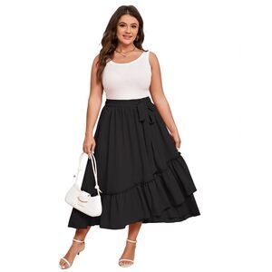 2500 Summer High Waist Skirt Boho Tie Knot Maxi Skirt Casual Beach Ruffled
